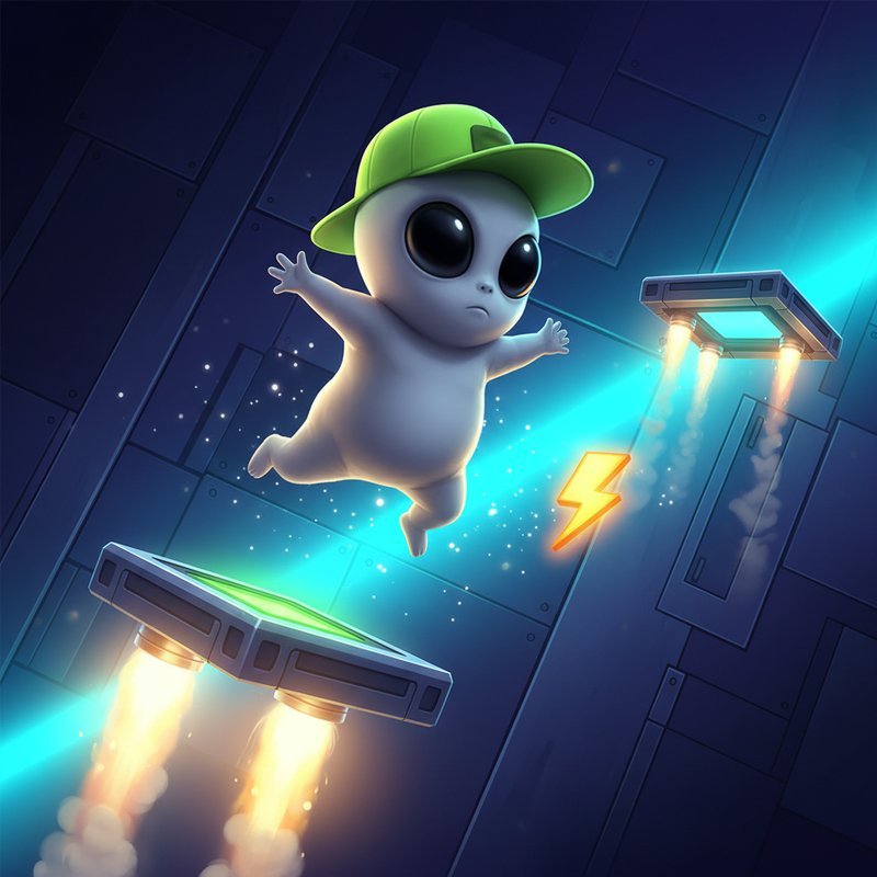 Jumper slot game: γκρι εξωγήινος χαρακτήρας με πράσινο καπέλο πηδάει σε μεταλλικές πλατφόρμες με φλόγες πυραύλων και πολλαπλασιαστές σε φόντο διαστημικού σκάφους
